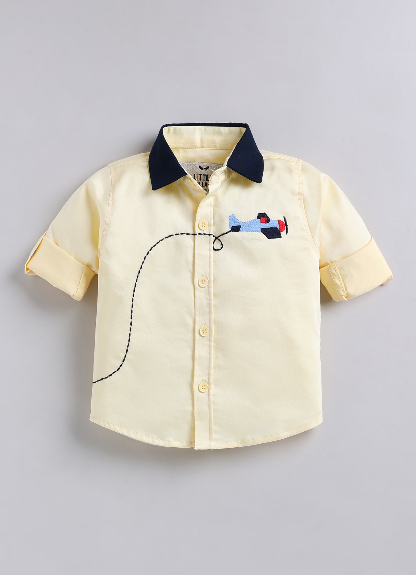 Boys Cotton Satin Checks Woven Aeroplane Embroidered Full Sleeves Shirt Pant with Bow Set- Yellow