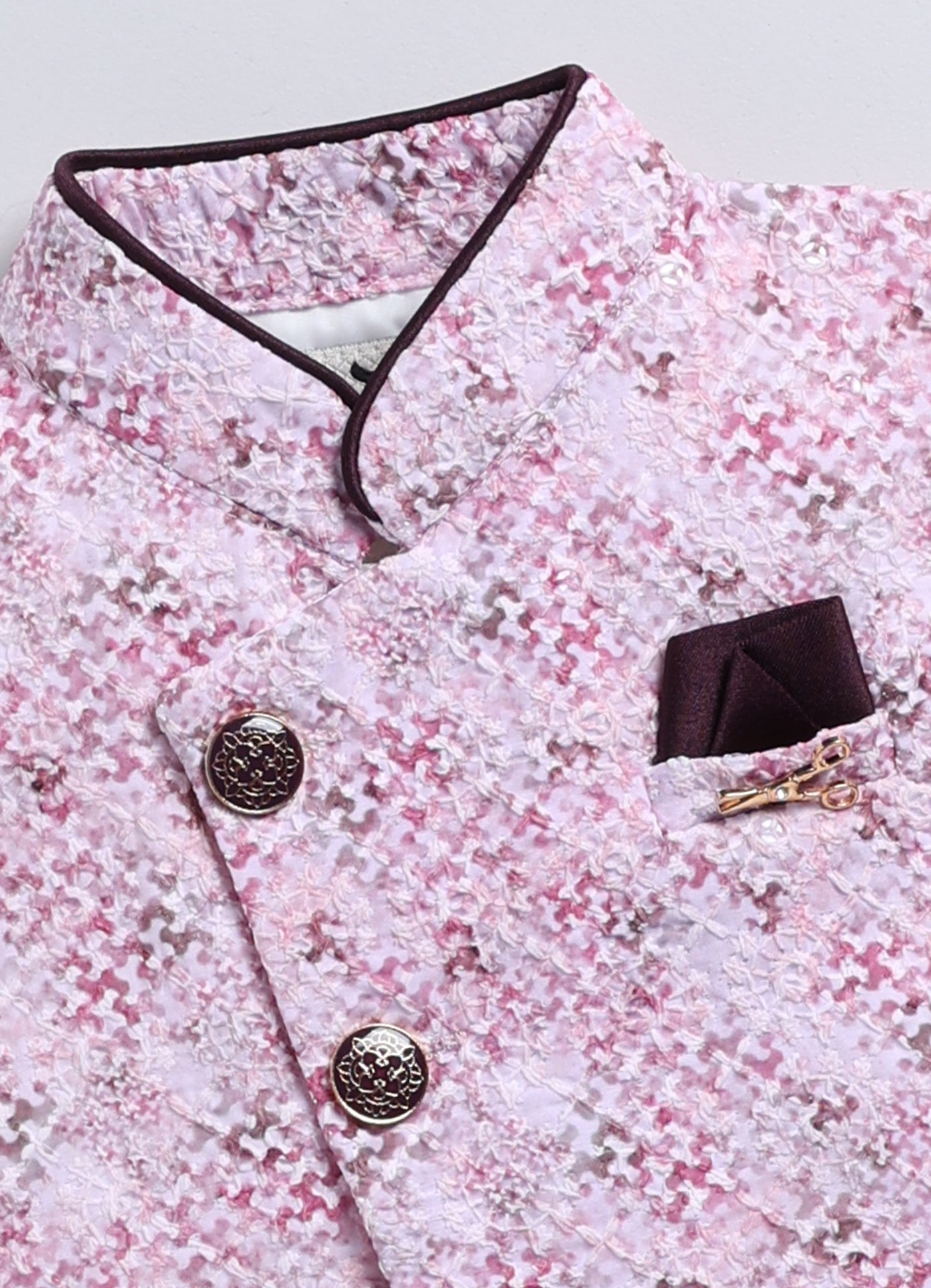 Charming Formal and Traditional Embellished Nehru Jacket Set for Boys- Wine