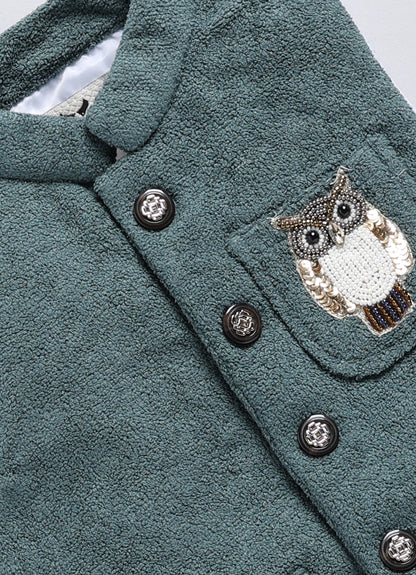 Cotton Blend Full Sleeves Solid Shirt & Pant With Sequins Embellished Owl Designed Waistcoat Set - Teal