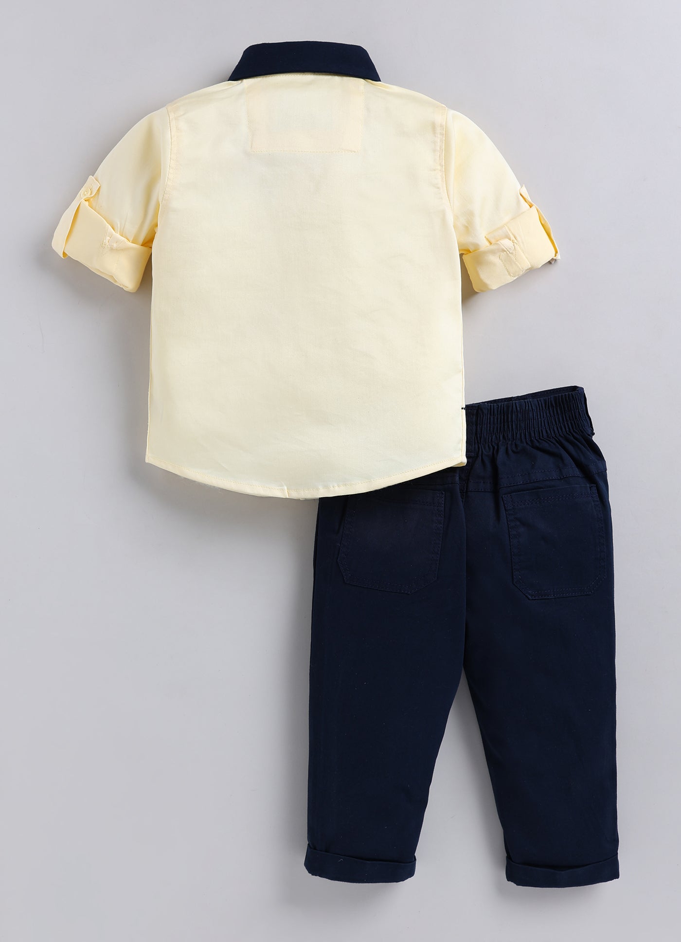 Boys Cotton Satin Checks Woven Aeroplane Embroidered Full Sleeves Shirt Pant with Bow Set- Yellow