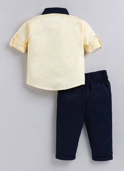Boys Cotton Satin Checks Woven Aeroplane Embroidered Full Sleeves Shirt Pant with Bow Set- Yellow