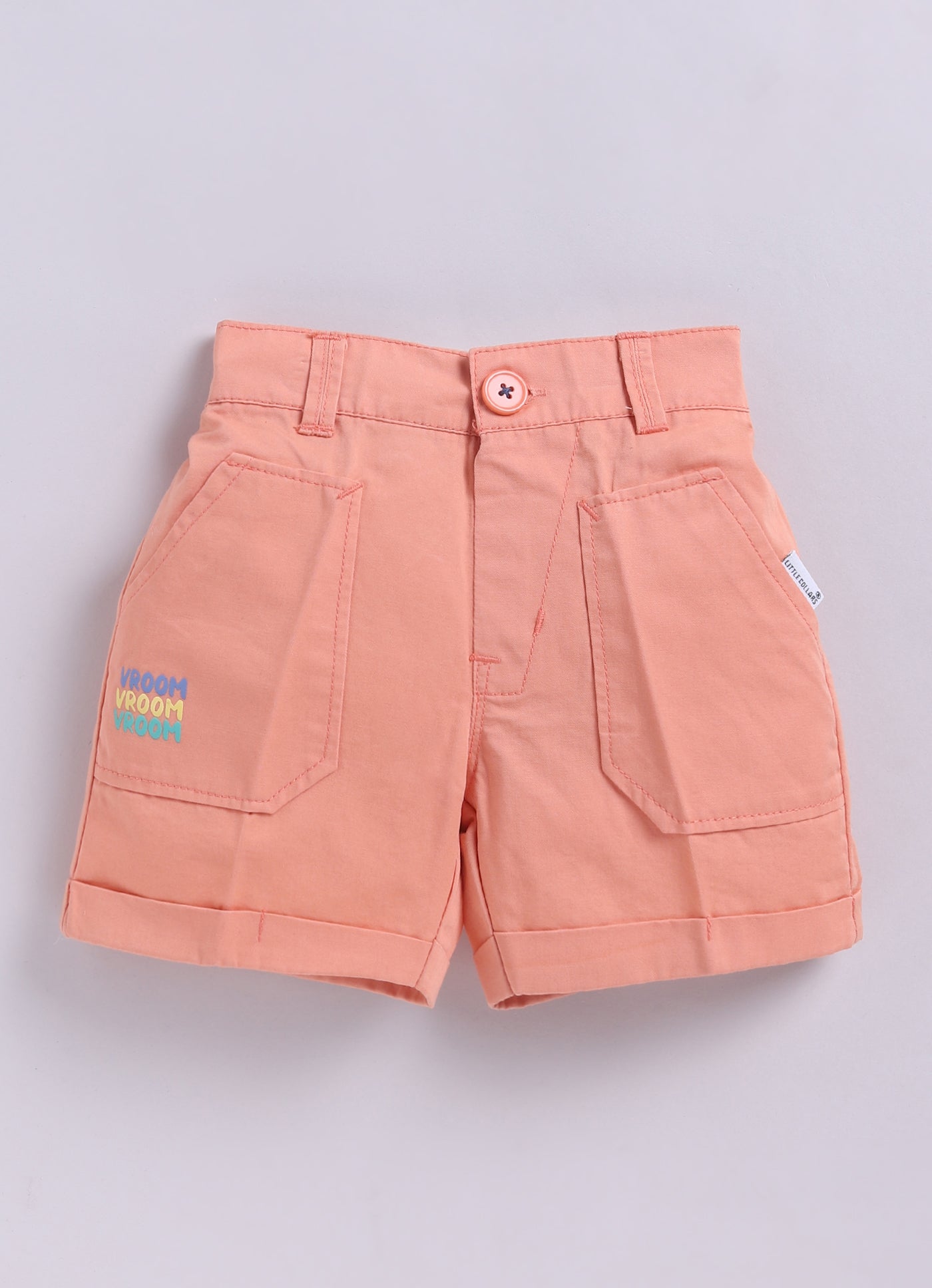 Boys Cotton Seer Sucker Striped Shirt with Patch Pocket Shorts Set - Peach