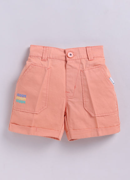 Boys Cotton Seer Sucker Striped Shirt with Patch Pocket Shorts Set - Peach