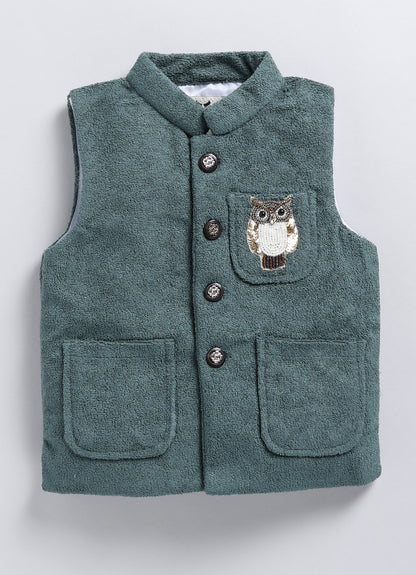 Cotton Blend Full Sleeves Solid Shirt & Pant With Sequins Embellished Owl Designed Waistcoat Set - Teal