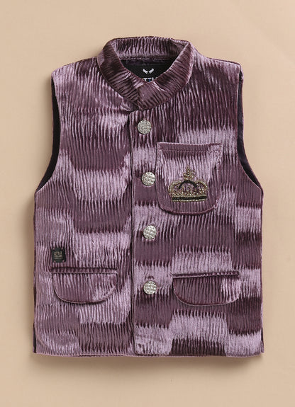 Blended Self Design Jaquard Full Sleeves Nehru Jacket Pant, Shirt with Embellished Pocket Partywear Set-  Burgundy