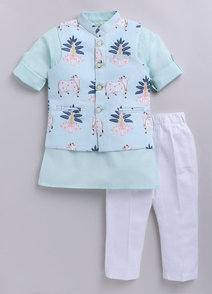 Blended Cotton Woven Full Sleeves Kurta Pajama with Pichwai Printed  Nehru Jacket Ethnic Set- Green
