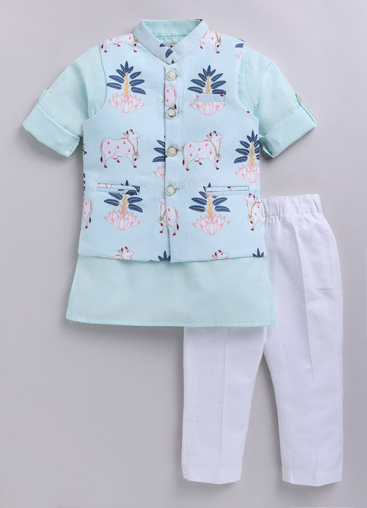 Blended Cotton Woven Full Sleeves Kurta Pajama with Pichwai Printed  Nehru Jacket Ethnic Set- Green