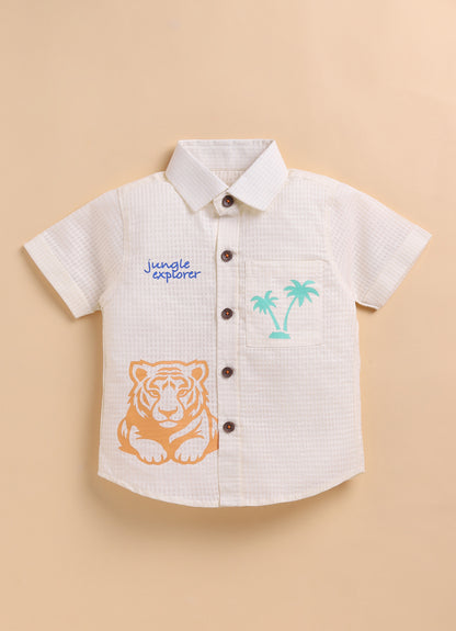 Boys Woven Cotton Tiger printed Shirt , T-Shirt, Shorts Casual Set- Cream