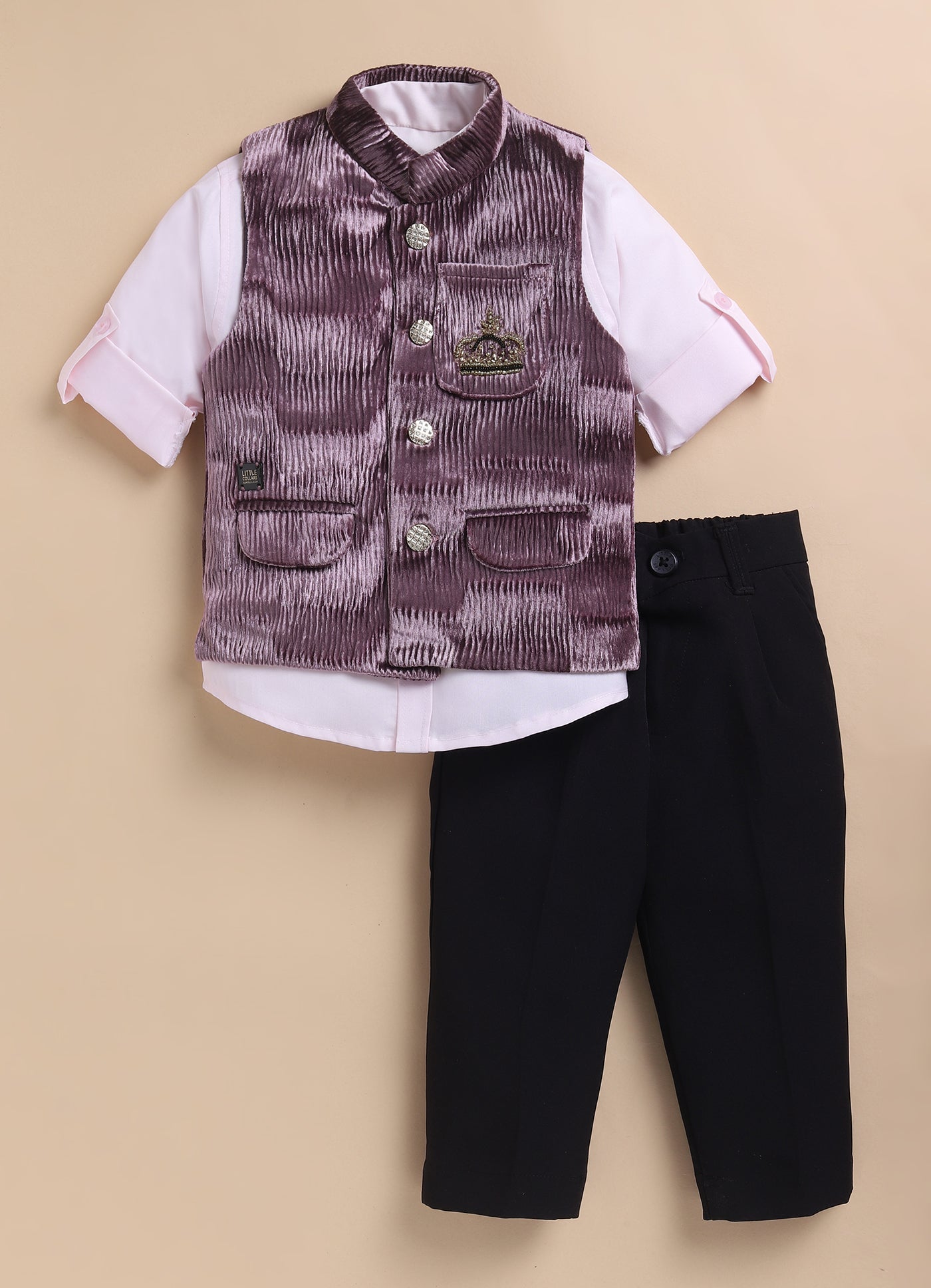 Blended Self Design Jaquard Full Sleeves Nehru Jacket Pant, Shirt with Embellished Pocket Partywear Set-  Burgundy