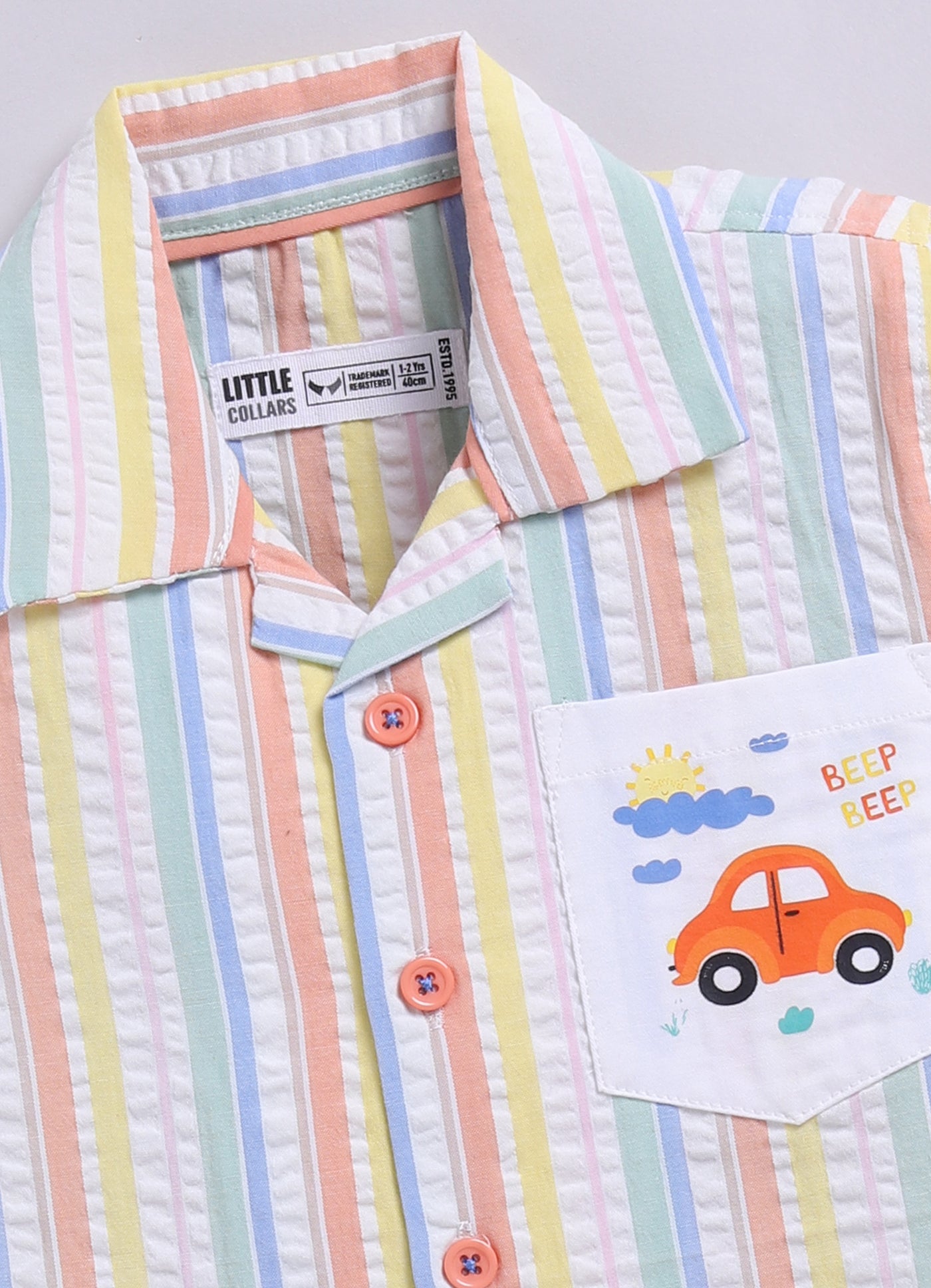 Boys Cotton Seer Sucker Striped Shirt with Patch Pocket Shorts Set - Peach