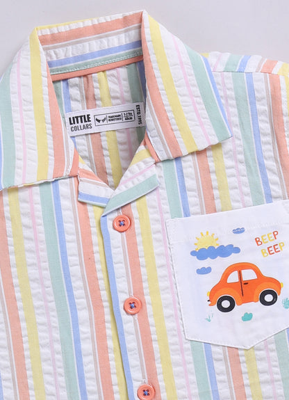 Boys Cotton Seer Sucker Striped Shirt with Patch Pocket Shorts Set - Peach