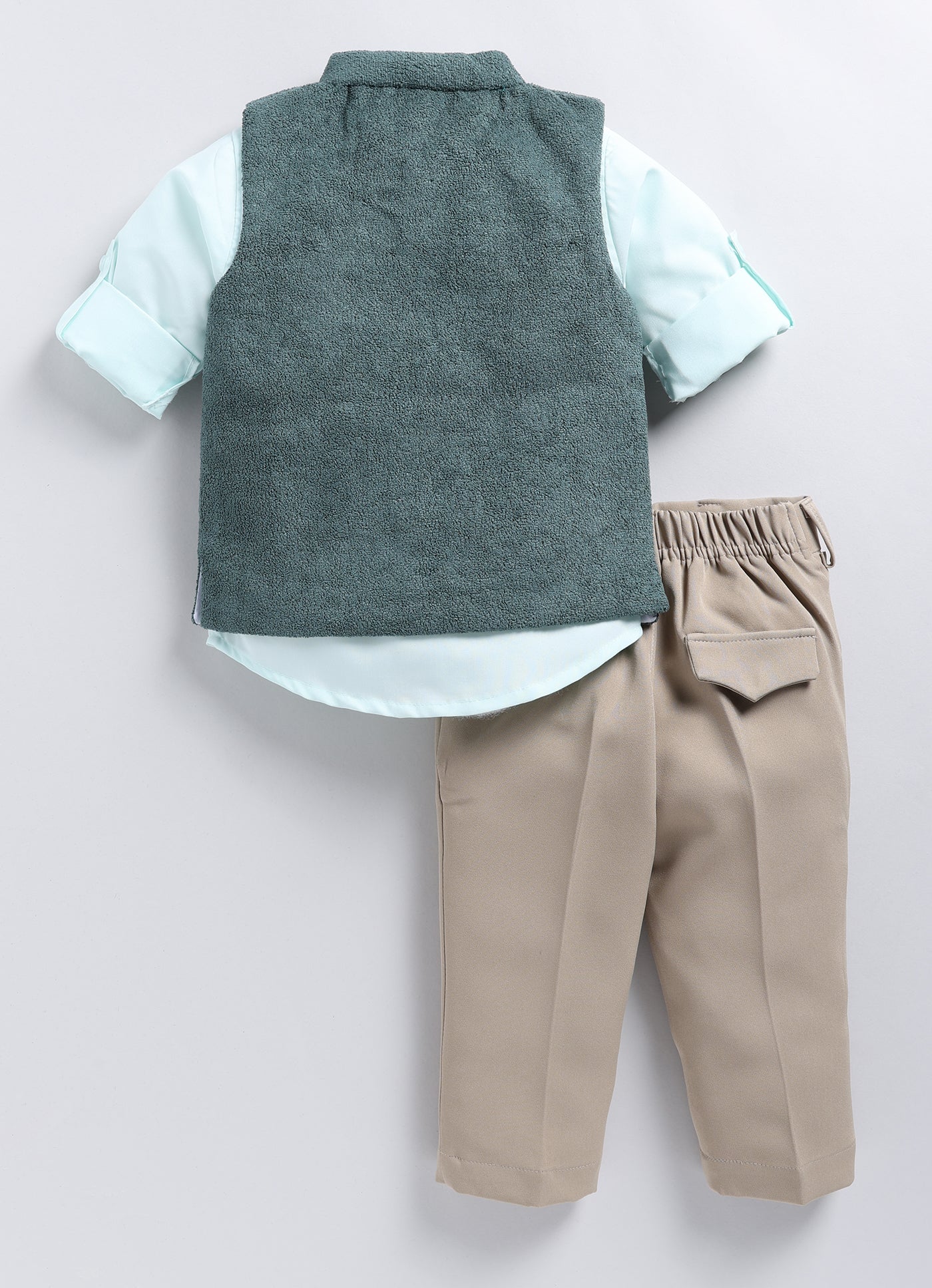 Cotton Blend Full Sleeves Solid Shirt & Pant With Sequins Embellished Owl Designed Waistcoat Set - Teal