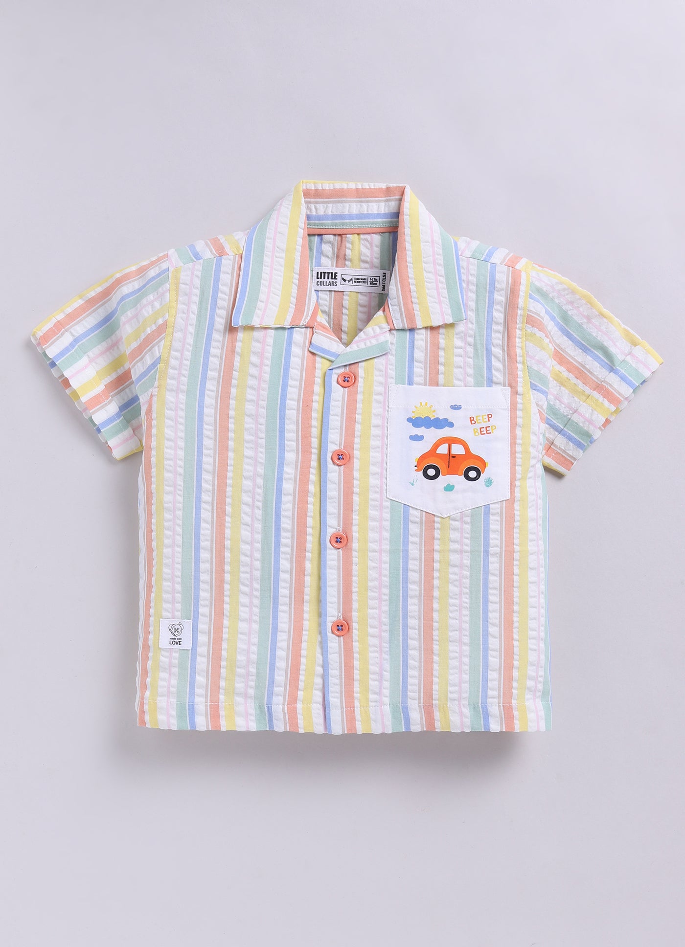 Boys Cotton Seer Sucker Striped Shirt with Patch Pocket Shorts Set - Peach