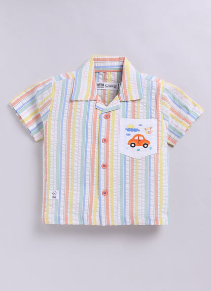Boys Cotton Seer Sucker Striped Shirt with Patch Pocket Shorts Set - Peach