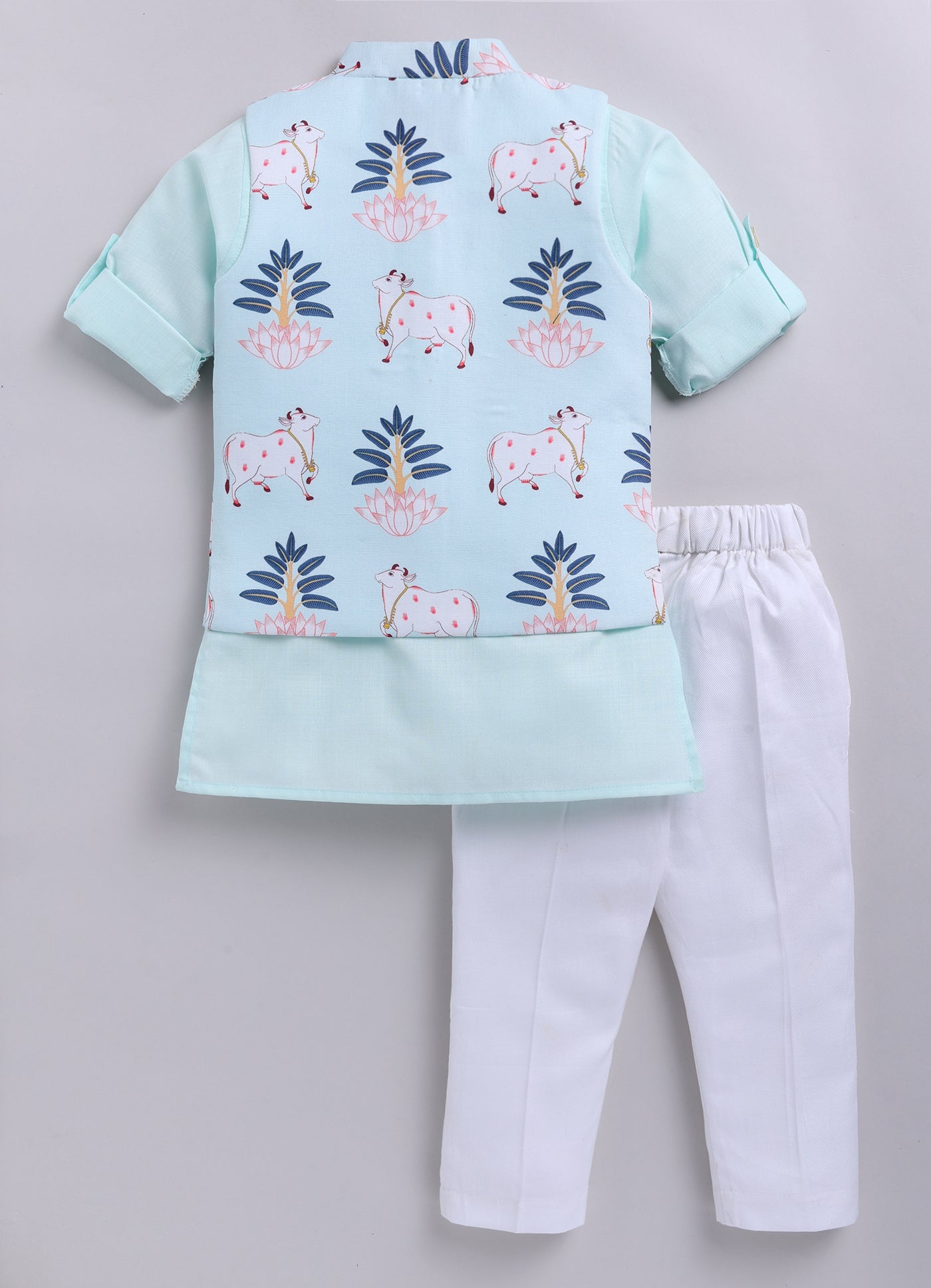 Blended Cotton Woven Full Sleeves Kurta Pajama with Pichwai Printed  Nehru Jacket Ethnic Set- Green