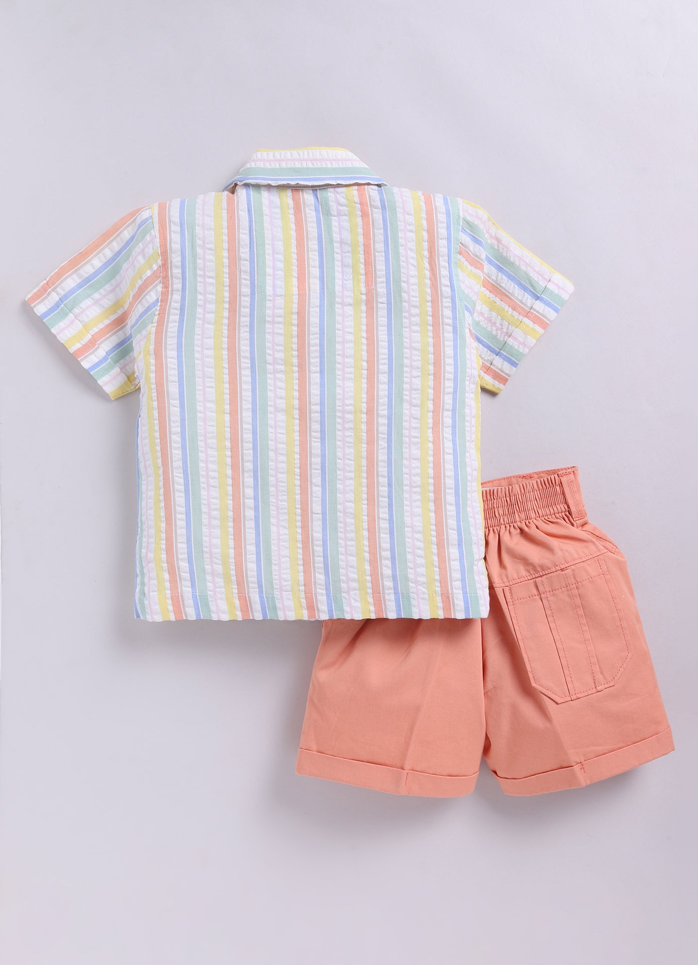 Boys Cotton Seer Sucker Striped Shirt with Patch Pocket Shorts Set - Peach