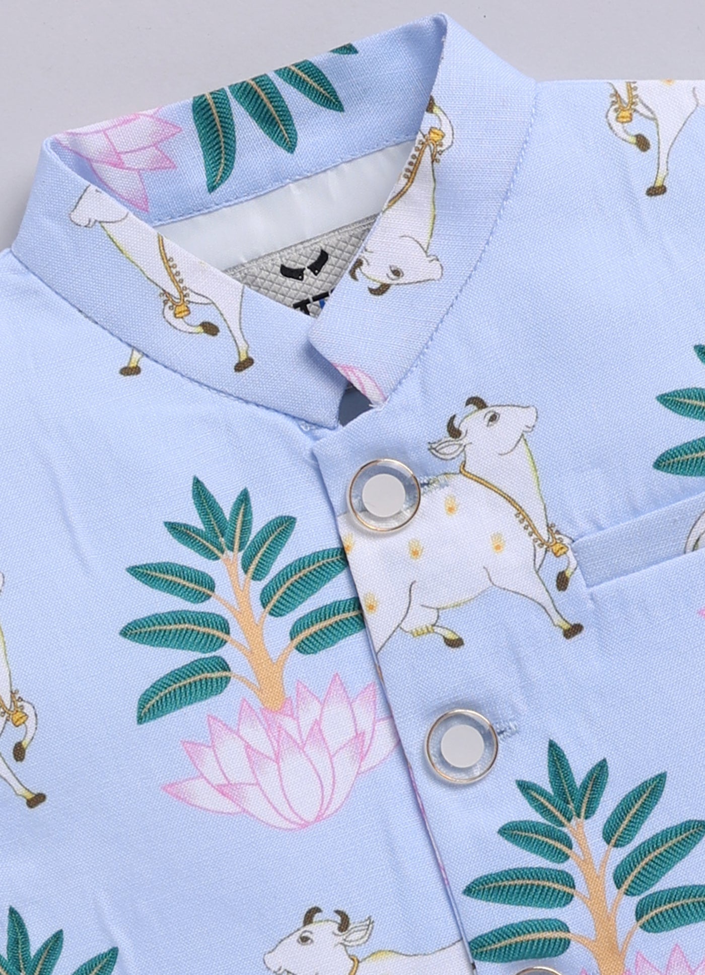 Blended Cotton Woven Full Sleeves Kurta Pajama with Pichwai Printed  Nehru Jacket Ethnic Set- Sky