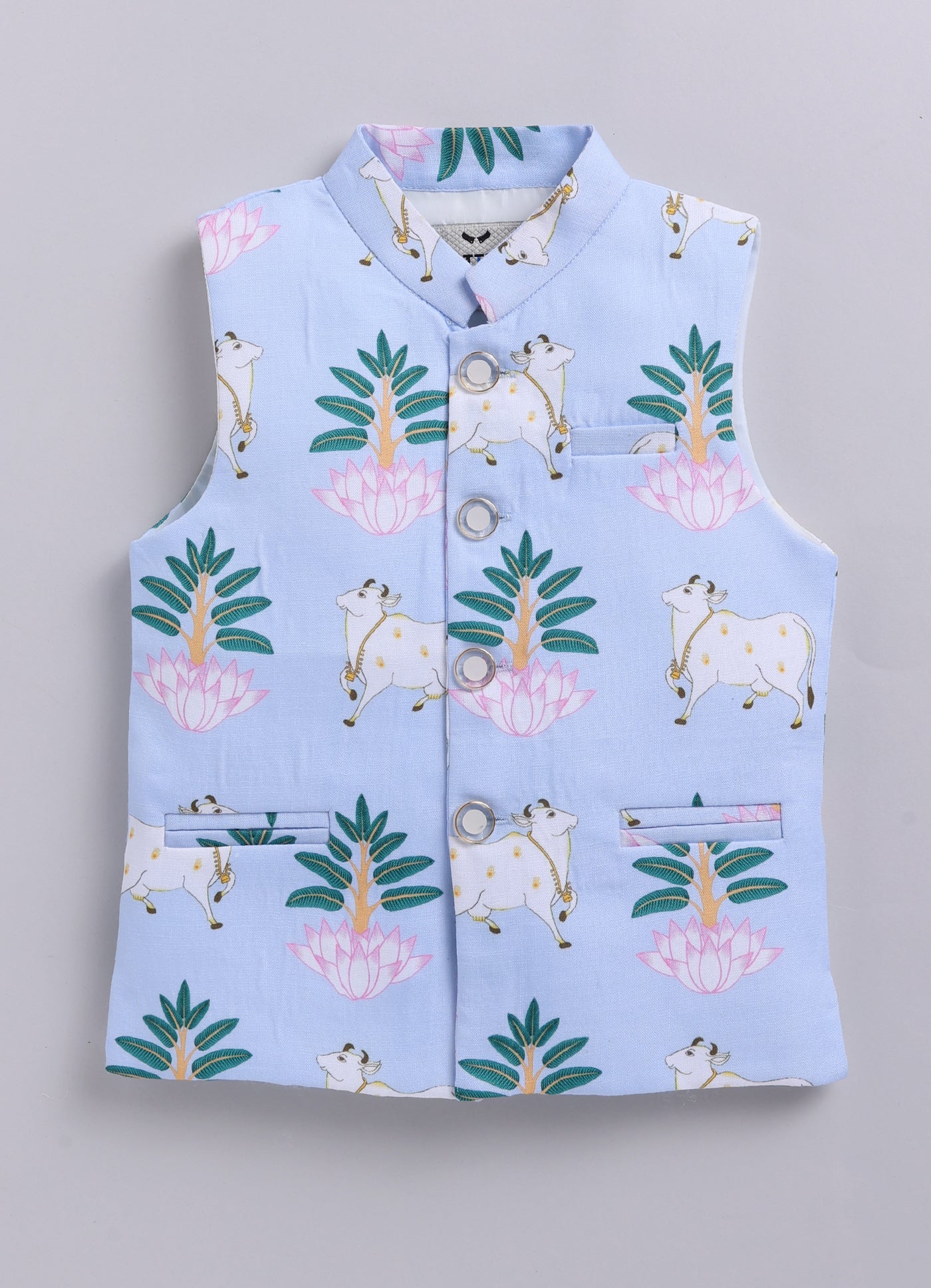 Blended Cotton Woven Full Sleeves Kurta Pajama with Pichwai Printed  Nehru Jacket Ethnic Set- Sky