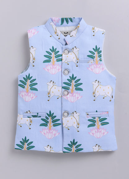 Blended Cotton Woven Full Sleeves Kurta Pajama with Pichwai Printed  Nehru Jacket Ethnic Set- Sky