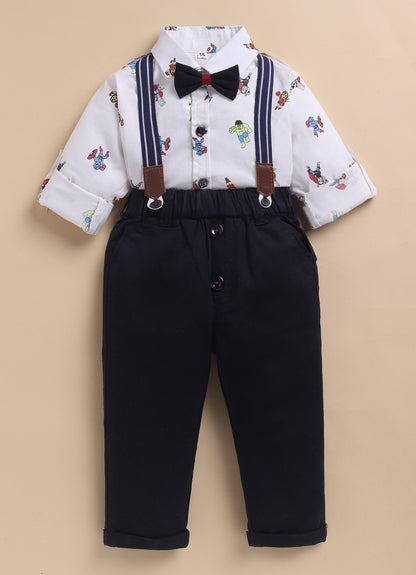 Cotton Shirt, Pant, Suspender & Bow Suspender Set- White