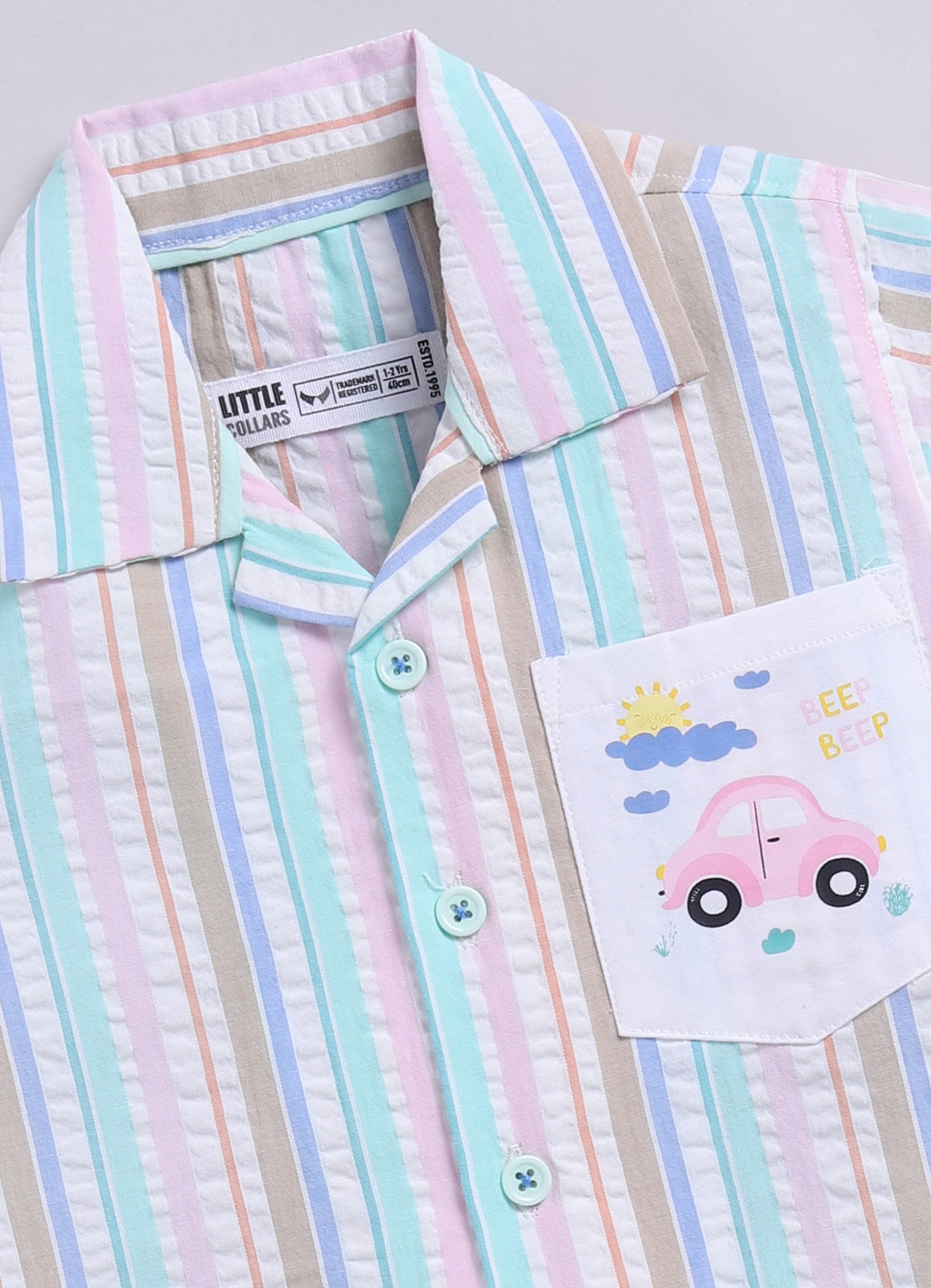 Boys Cotton Seer Sucker Striped Shirt with Patch Pocket Shorts Set - Mint