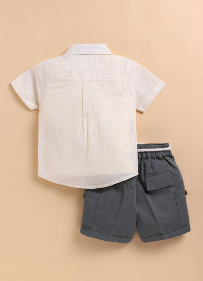 Boys Woven Cotton Tiger printed Shirt , T-Shirt, Shorts Casual Set- Cream