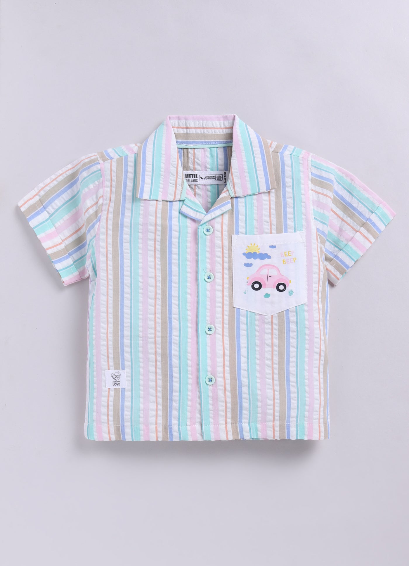 Boys Cotton Seer Sucker Striped Shirt with Patch Pocket Shorts Set - Mint