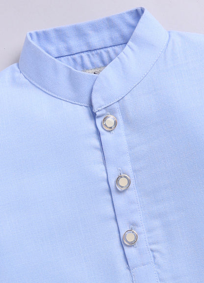 Blended Cotton Woven Full Sleeves Kurta Pajama with Pichwai Printed  Nehru Jacket Ethnic Set- Sky