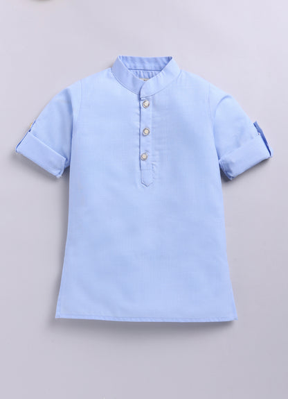 Blended Cotton Woven Full Sleeves Kurta Pajama with Pichwai Printed  Nehru Jacket Ethnic Set- Sky