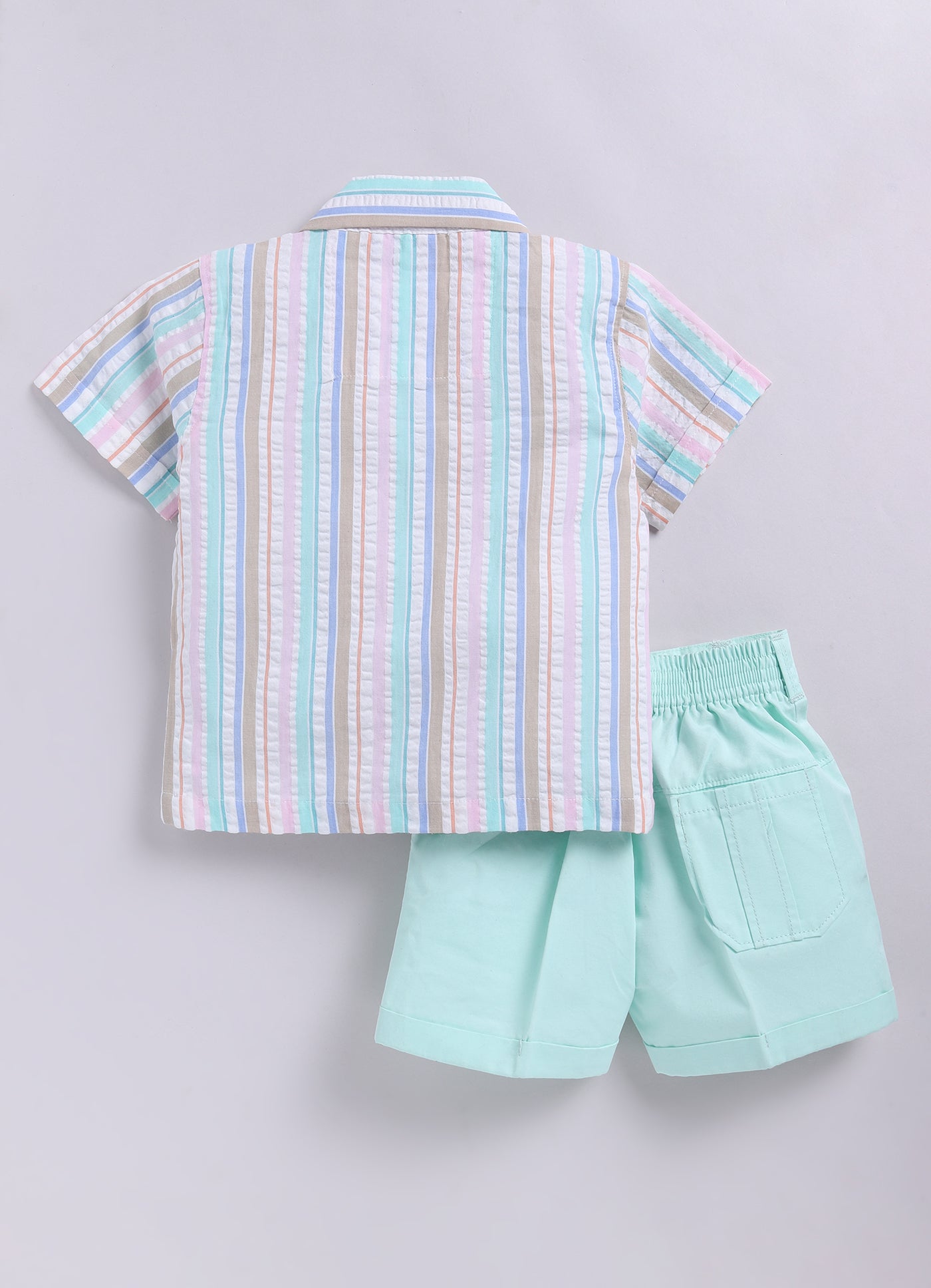 Boys Cotton Seer Sucker Striped Shirt with Patch Pocket Shorts Set - Mint