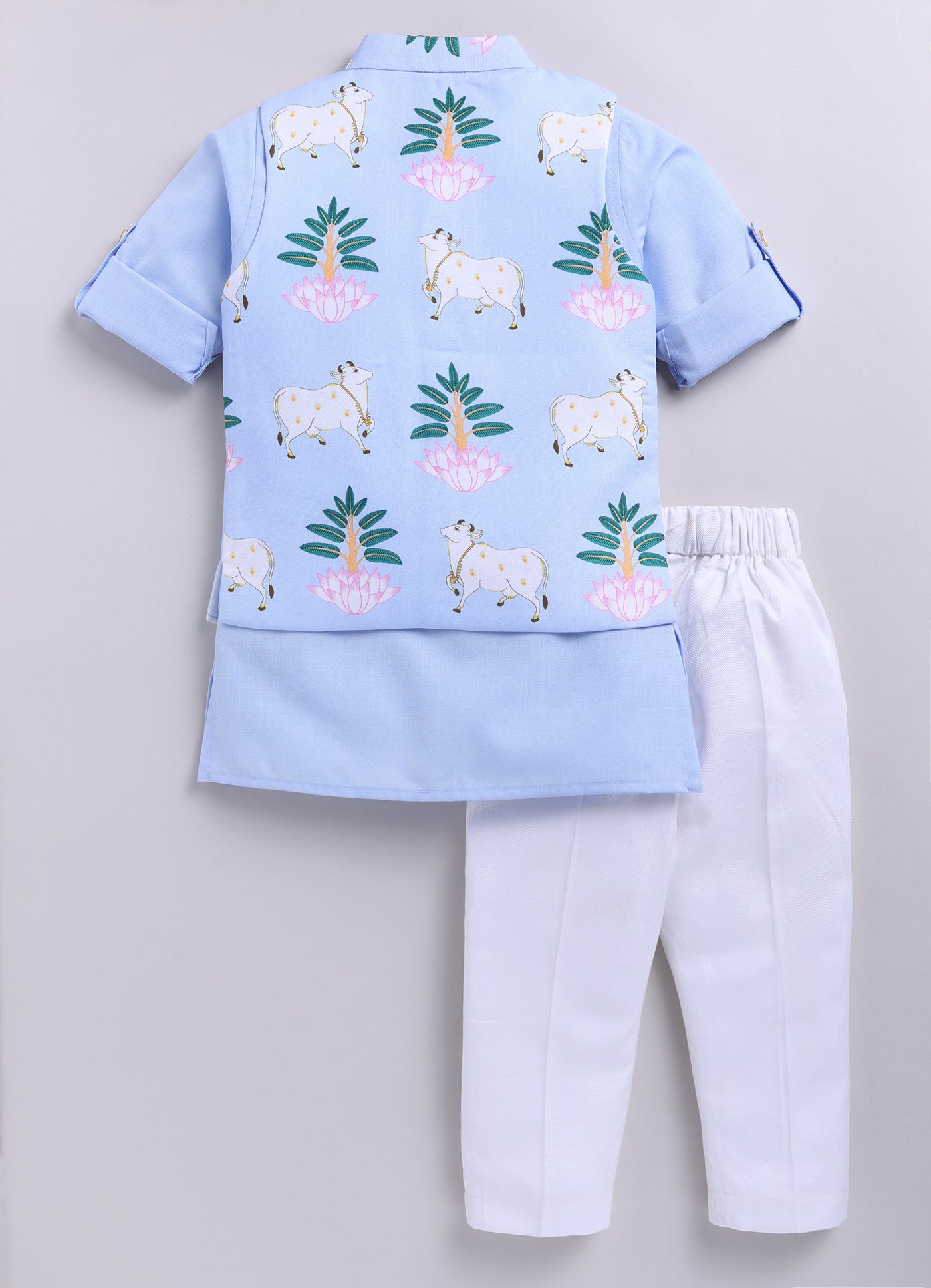 Blended Cotton Woven Full Sleeves Kurta Pajama with Pichwai Printed  Nehru Jacket Ethnic Set- Sky