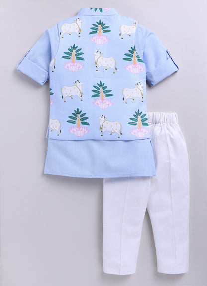 Blended Cotton Woven Full Sleeves Kurta Pajama with Pichwai Printed  Nehru Jacket Ethnic Set- Sky