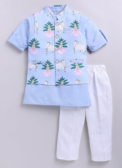 Blended Cotton Woven Full Sleeves Kurta Pajama with Pichwai Printed  Nehru Jacket Ethnic Set- Sky