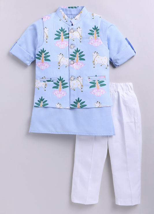 Blended Cotton Woven Full Sleeves Kurta Pajama with Pichwai Printed  Nehru Jacket Ethnic Set- Sky