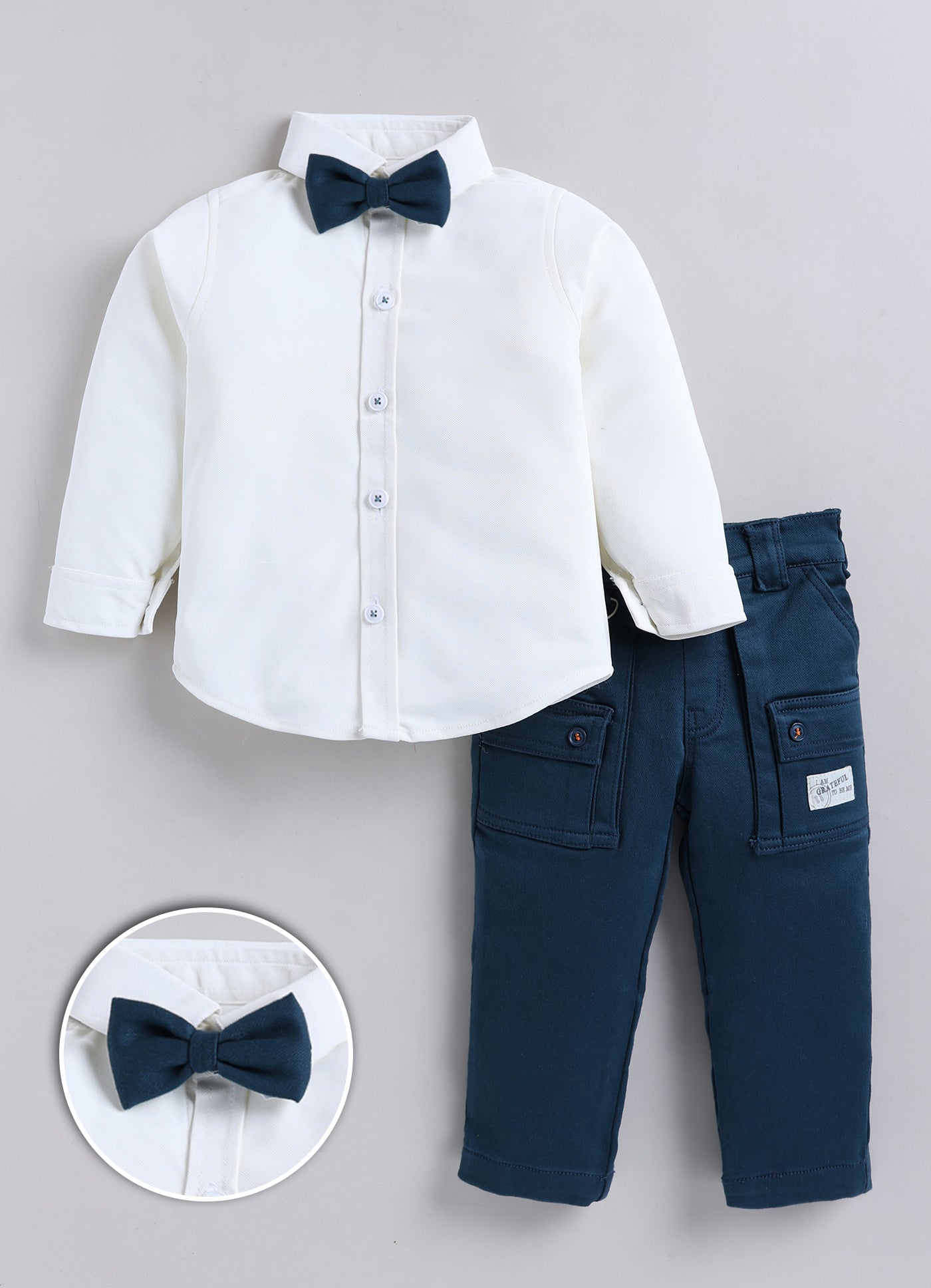 Boys Knitted Striped T-shirt, Shirt, Pant with Bow Casual Set- Green