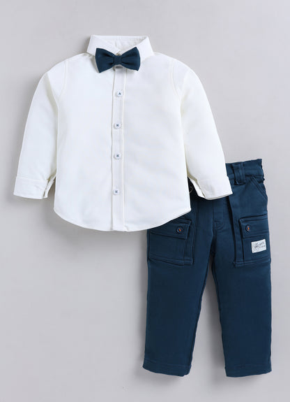Boys Knitted Striped T-shirt, Shirt, Pant with Bow Casual Set- Green