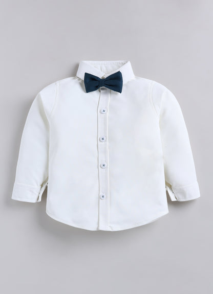 Boys Knitted Striped T-shirt, Shirt, Pant with Bow Casual Set- Green