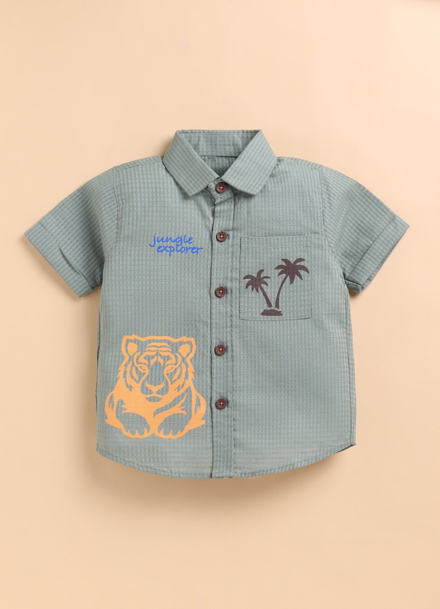 oys Woven Cotton Tiger printed Shirt , T-Shirt, Shorts Casual Set- Green