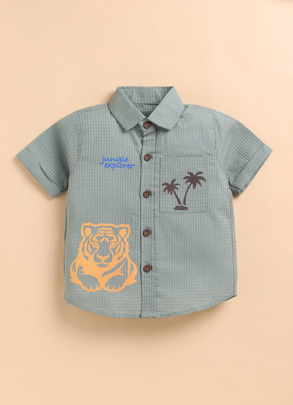 oys Woven Cotton Tiger printed Shirt , T-Shirt, Shorts Casual Set- Green