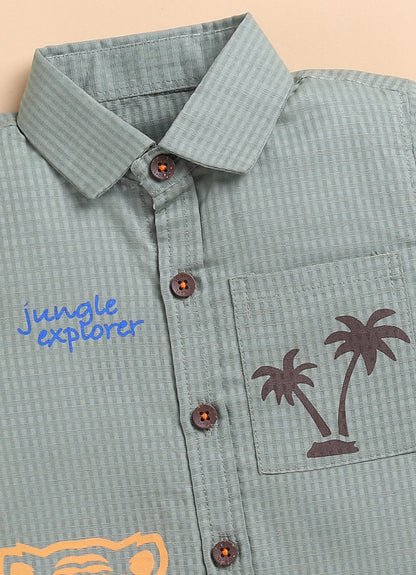 oys Woven Cotton Tiger printed Shirt , T-Shirt, Shorts Casual Set- Green
