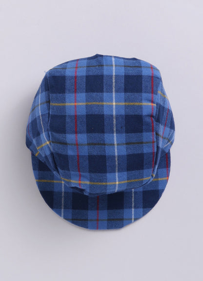 Brushed Cotton Woven Full Sleeves Checkered Waistcoat Pant with Shirt Bow Cap and Brooch Jacket Set- Blue