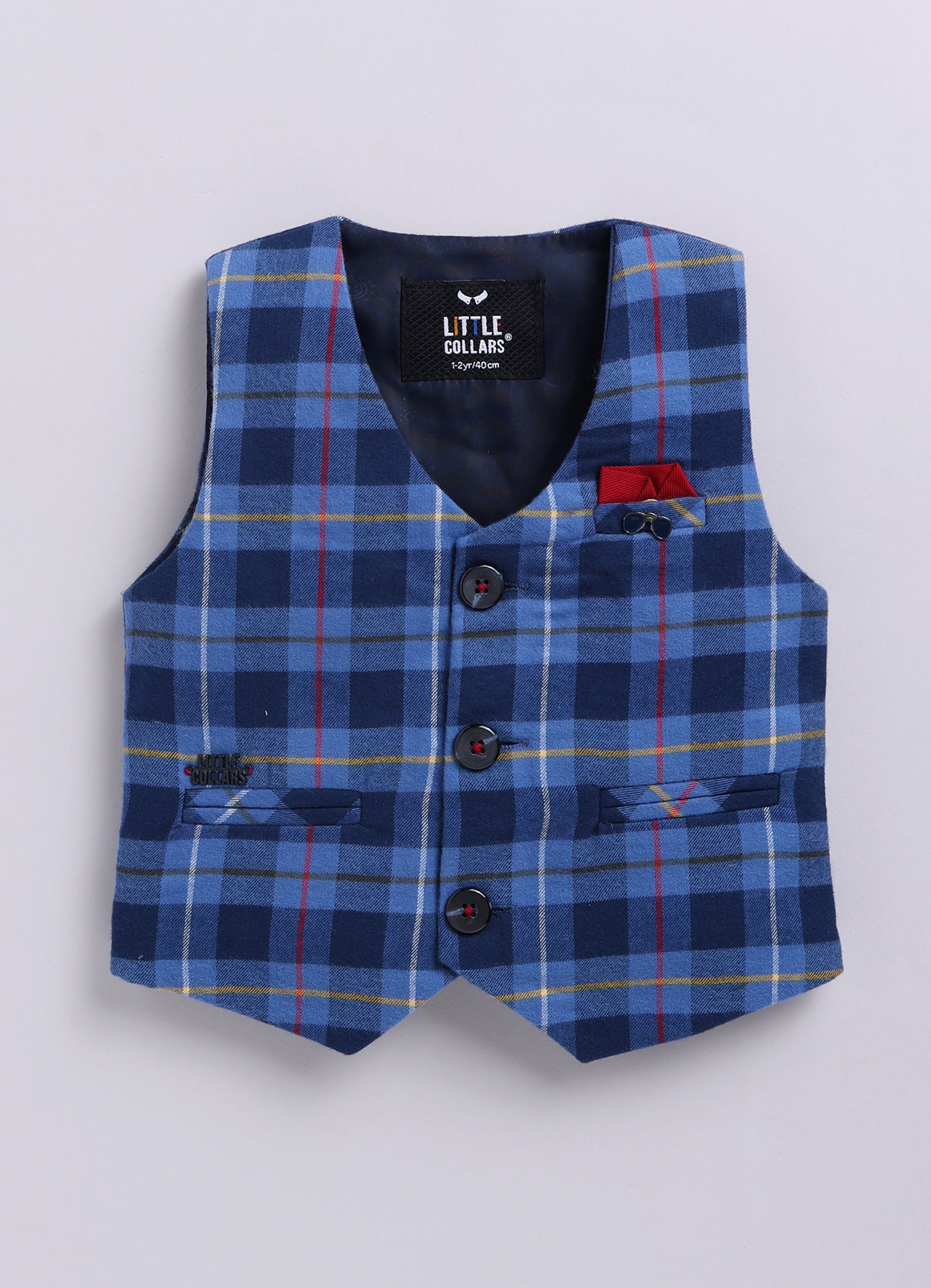 Brushed Cotton Woven Full Sleeves Checkered Waistcoat Pant with Shirt Bow Cap and Brooch Jacket Set- Blue
