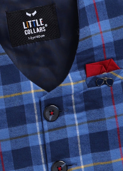 Brushed Cotton Woven Full Sleeves Checkered Waistcoat Pant with Shirt Bow Cap and Brooch Jacket Set- Blue