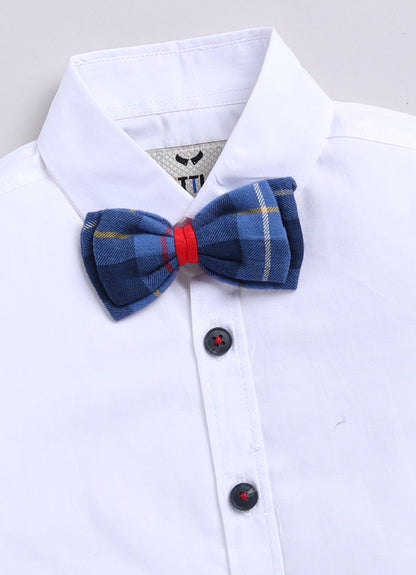 Brushed Cotton Woven Full Sleeves Checkered Waistcoat Pant with Shirt Bow Cap and Brooch Jacket Set- Blue