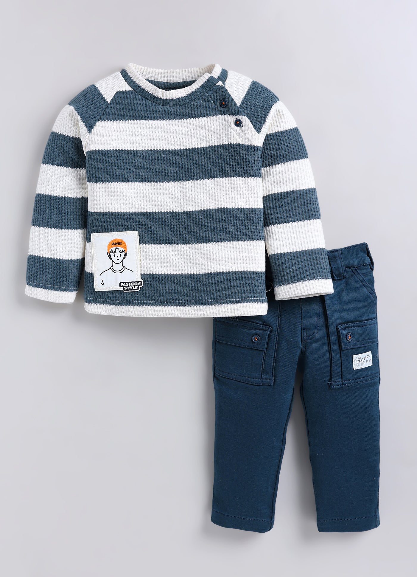 Boys Knitted Striped T-shirt, Shirt, Pant with Bow Casual Set- Green