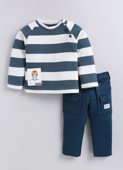 Boys Knitted Striped T-shirt, Shirt, Pant with Bow Casual Set- Green
