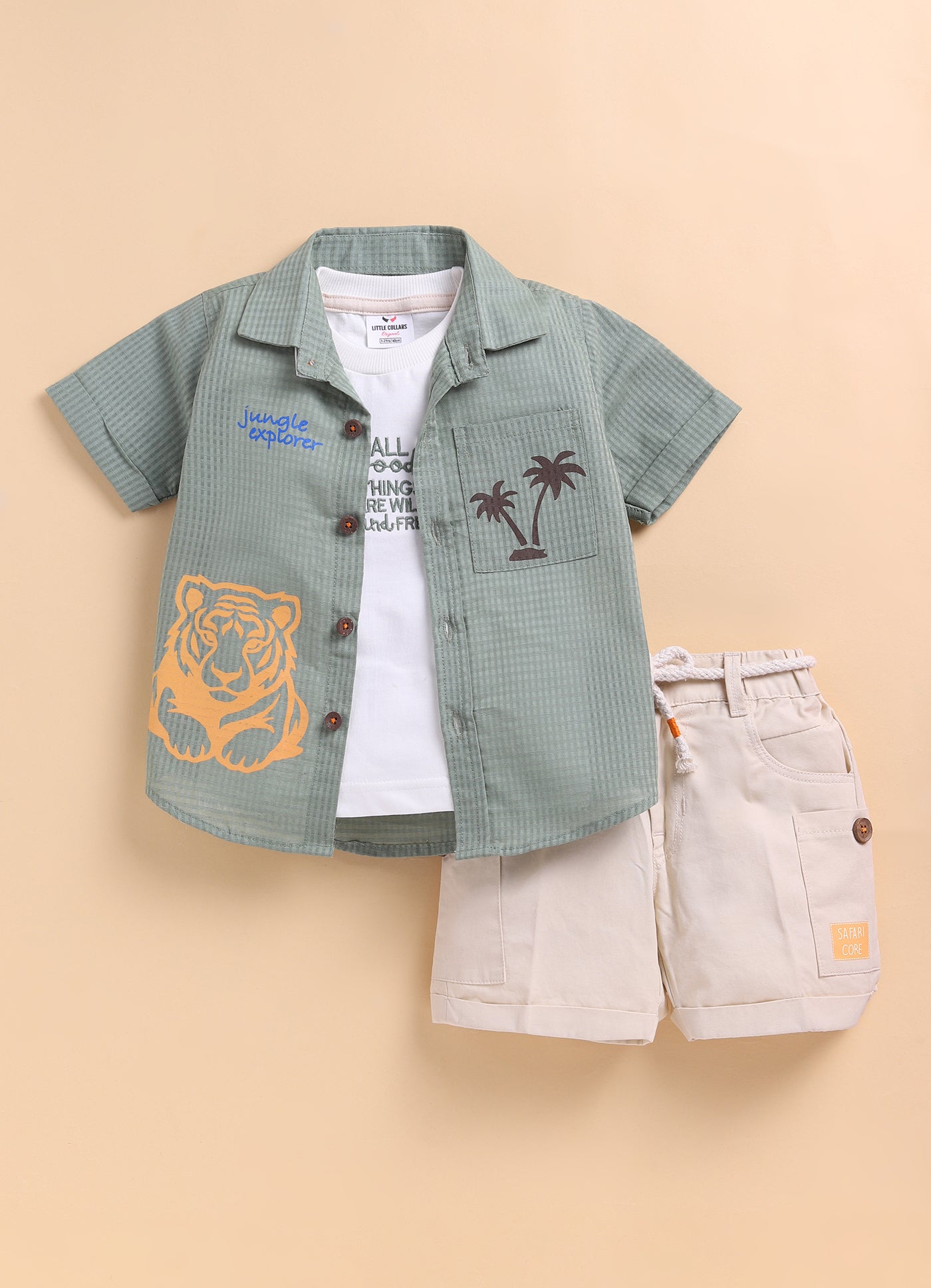 oys Woven Cotton Tiger printed Shirt , T-Shirt, Shorts Casual Set- Green