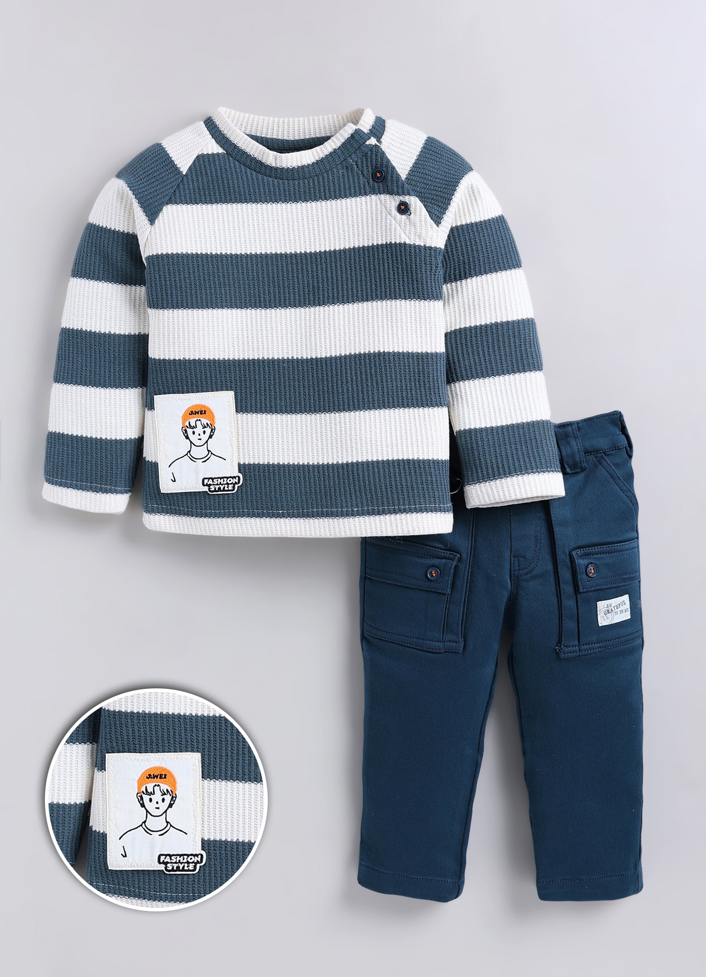 Boys Knitted Striped T-shirt, Shirt, Pant with Bow Casual Set- Green