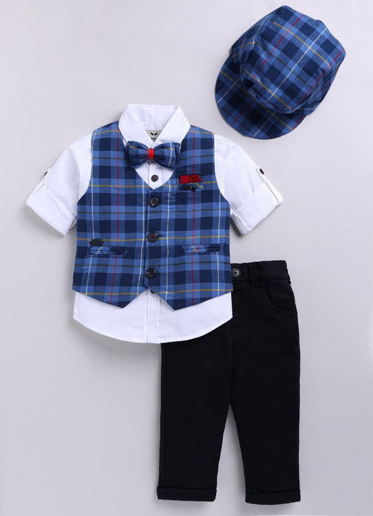 Brushed Cotton Woven Full Sleeves Checkered Waistcoat Pant with Shirt Bow Cap and Brooch Jacket Set- Blue