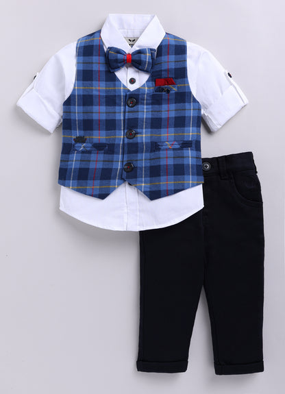 Brushed Cotton Woven Full Sleeves Checkered Waistcoat Pant with Shirt Bow Cap and Brooch Jacket Set- Blue